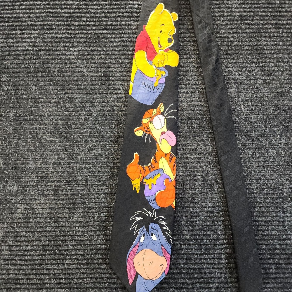 Vintage 1990s Disney Winnie the Pooh Tigger Eeyore Black Necktie 56" Y2K